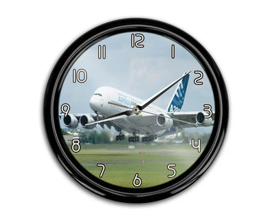 Departing Airbus A380 with Original Livery aviation themed wall clock, premium wood and metal.