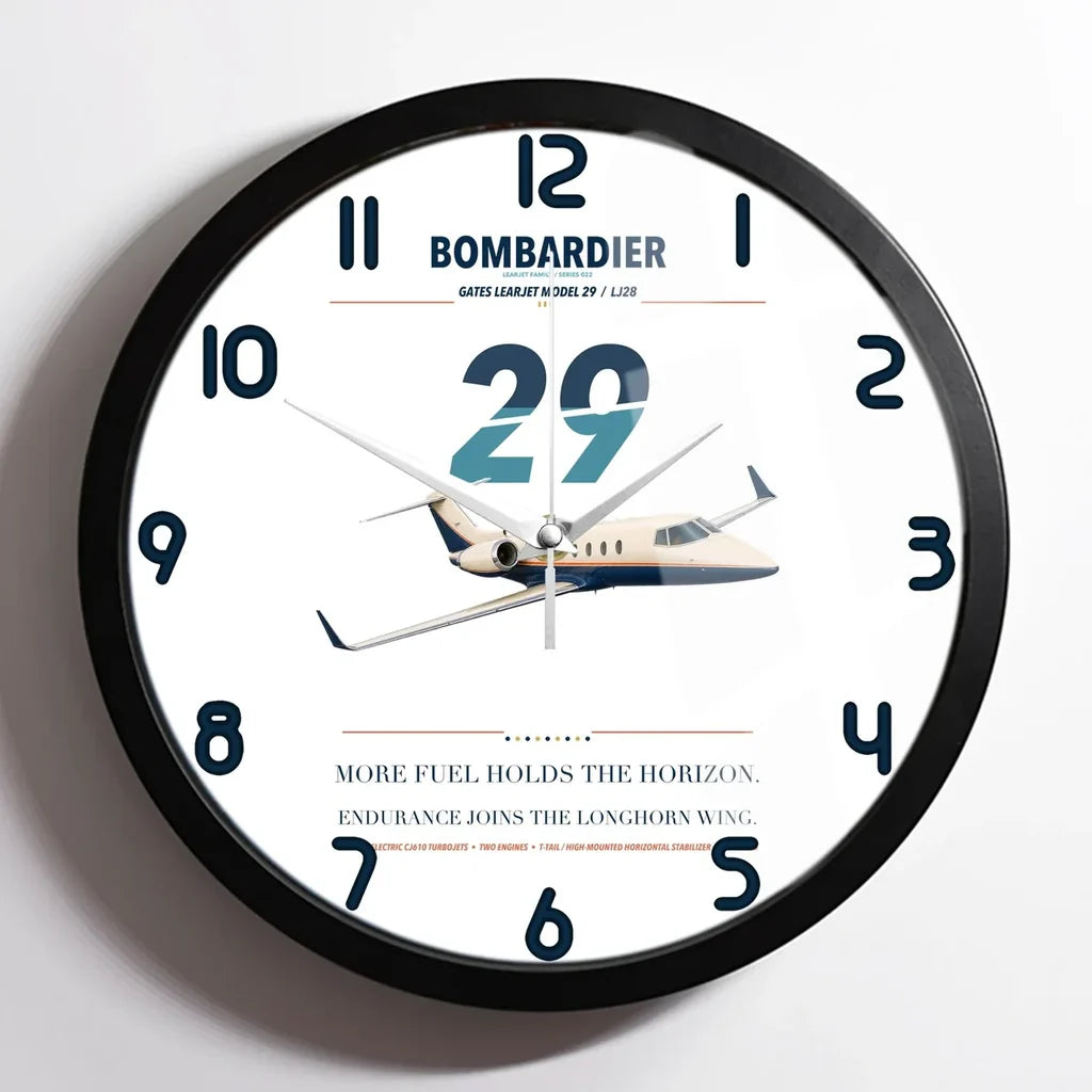 Bombardier Learjet 29 design on white framed wall clock