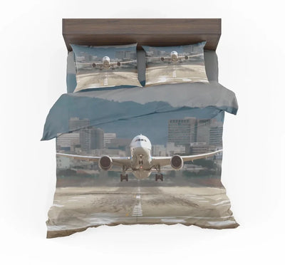 Departing Boeing 787 Dreamliner aviation print bedding set, soft cotton blend.