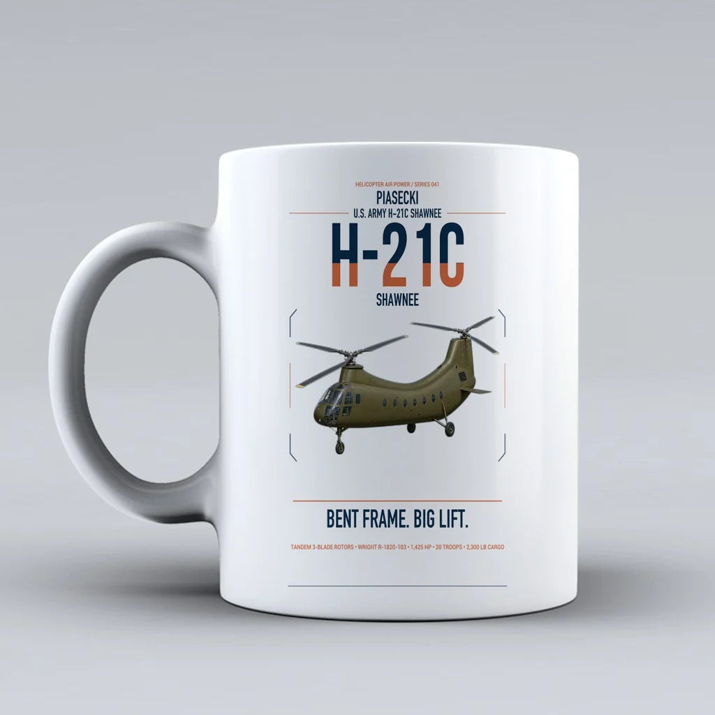 Piasecki H-21C Shawnee design on white ceramic mug, double-side print