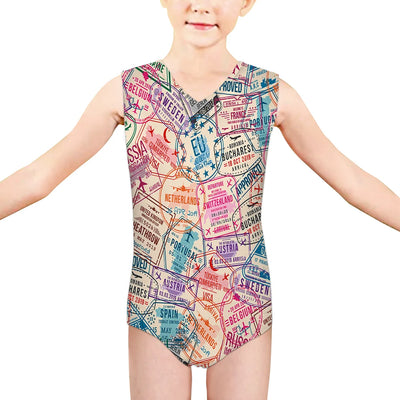 Passport Stamps aviation print on kids quick-dry fabric swimsuit.