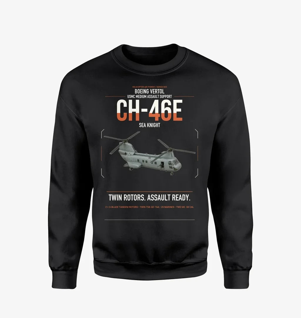 Boeing Vertol CH-46E Sea Knight design on black sweatshirt