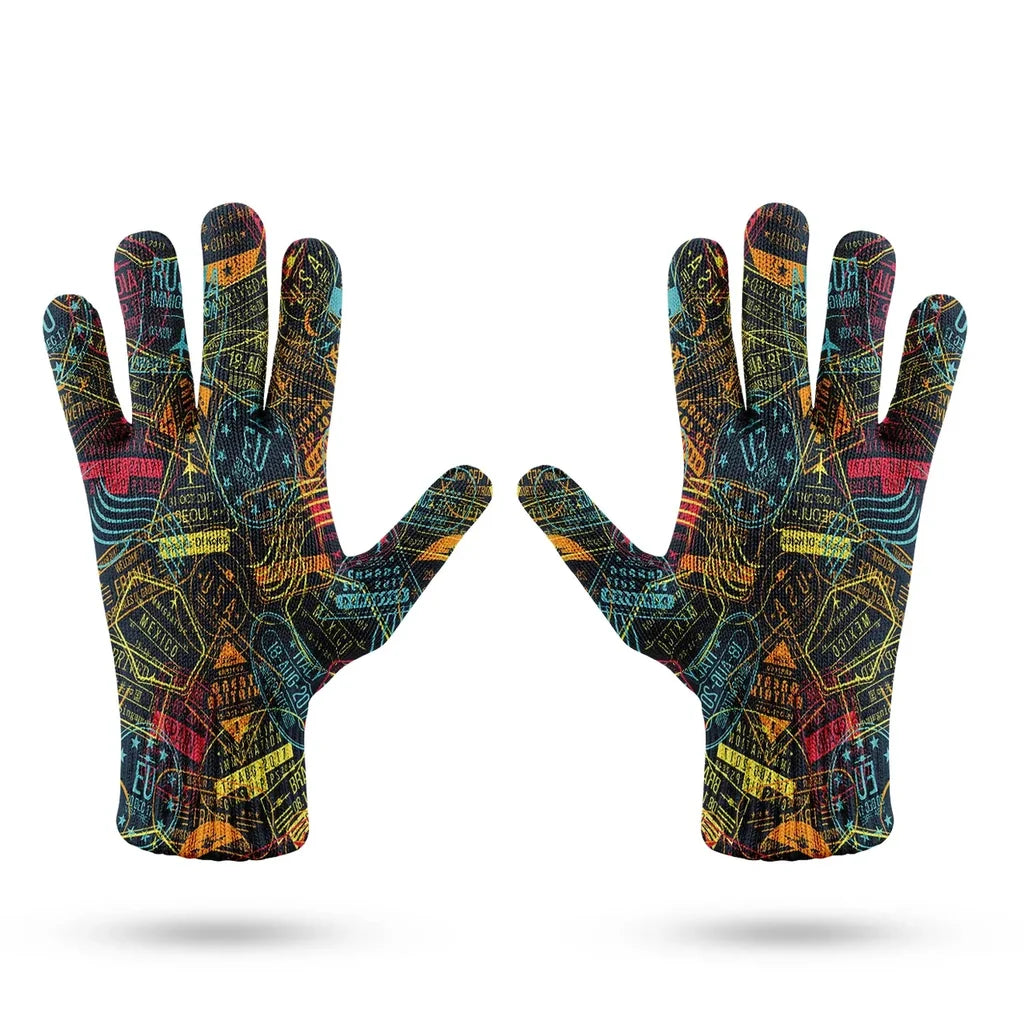 Dark Coloured Passport Stamps aviation design on soft knit fabric gloves.