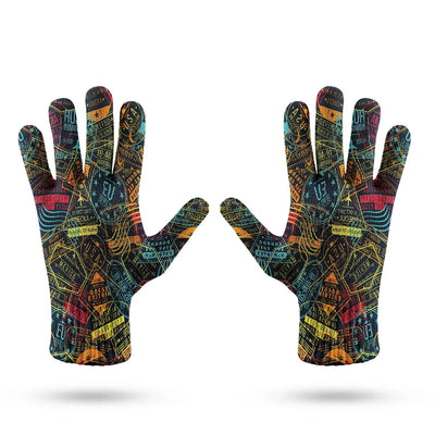 Dark Coloured Passport Stamps aviation design on soft knit fabric gloves.
