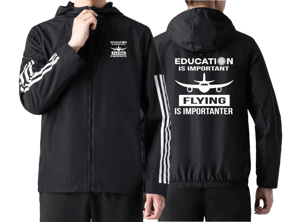 Flying is Importanter Sport Style aviation design printed on lightweight windproof shell windbreaker.