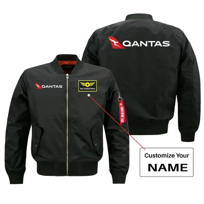 Qantas Airways Airlines aviation design with custom name embroidered on black bomber jacket