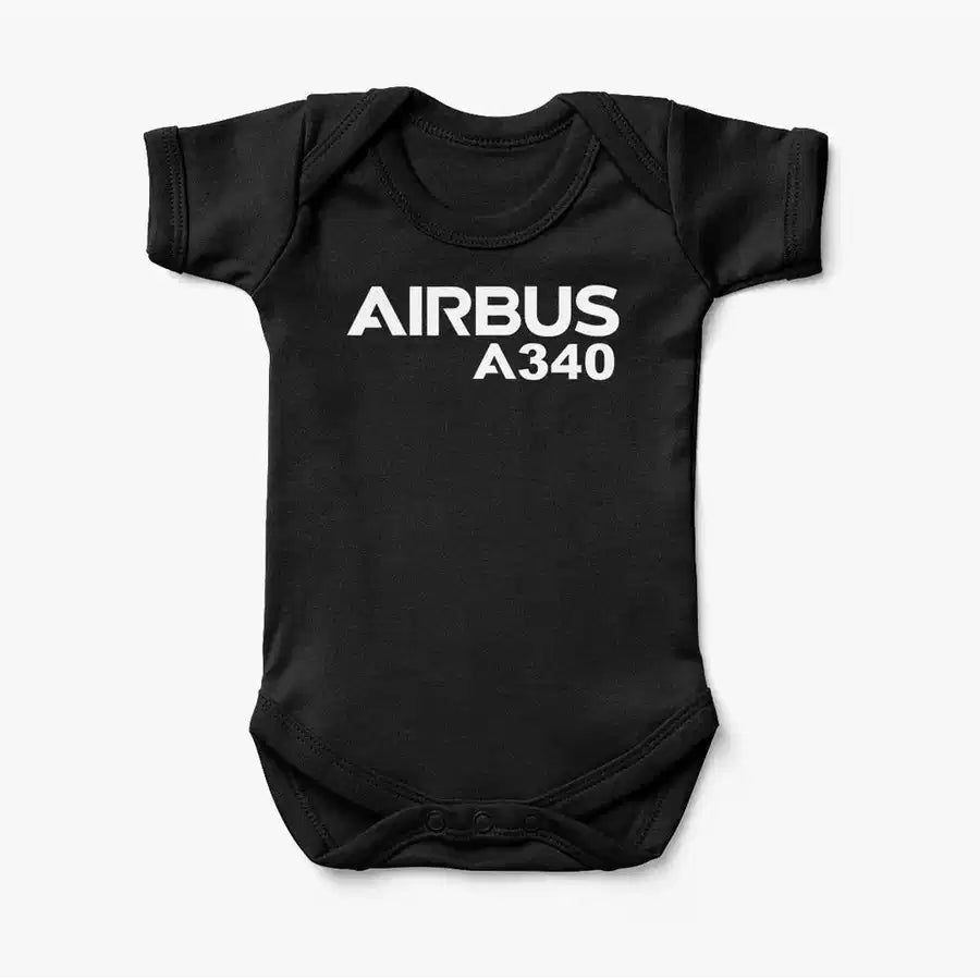 Airbus A340 & Text aviation print on kids gentle cotton bodysuit.