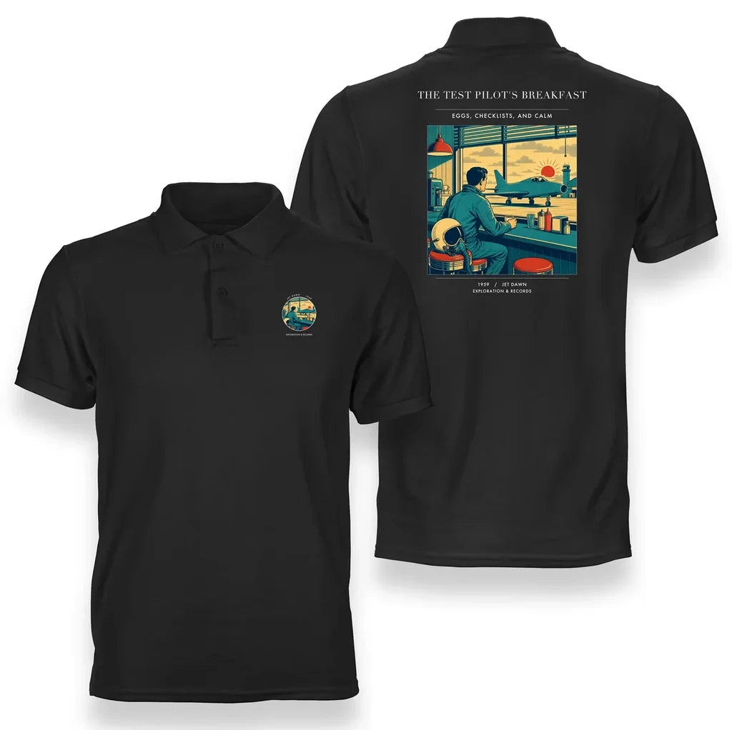 VINTAGE G4457 - The Test Pilot's Breakfast - Double-Side Polo T-Shirt design on black