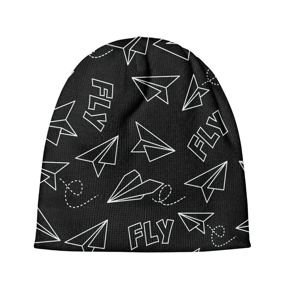Paper Airplane & Fly Black aviation embroidery on soft knit fabric 3D knit beanie.