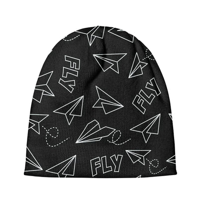Paper Airplane & Fly Black aviation embroidery on soft knit fabric 3D knit beanie.