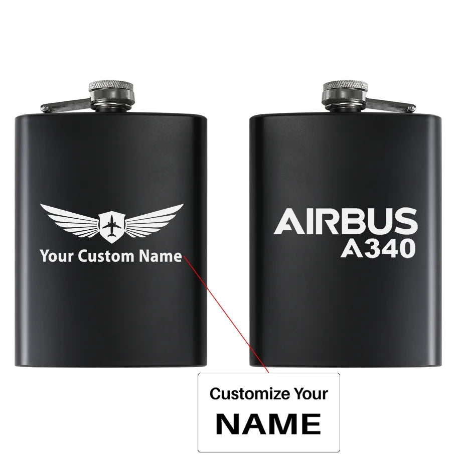 Airbus A340 & Text aviation design on stainless hip flask, compact pocket-size flask.