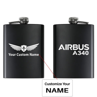 Airbus A340 & Text aviation design on stainless hip flask, compact pocket-size flask.