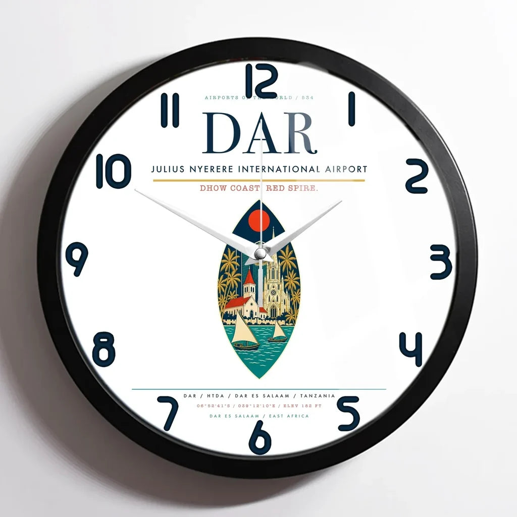 Julius Nyerere International Airport (DAR) design on white framed wall clock