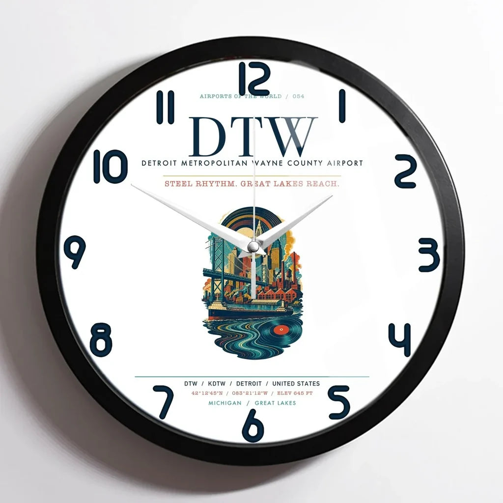 Detroit Metropolitan Wayne County Airport (DTW) design on white framed wall clock