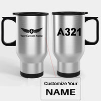 Thumbnail for Airbus A321 Flat Text Travel Mugs (With Holder) aviation design on travel mug with holder, insulated double-wall with car-cup.