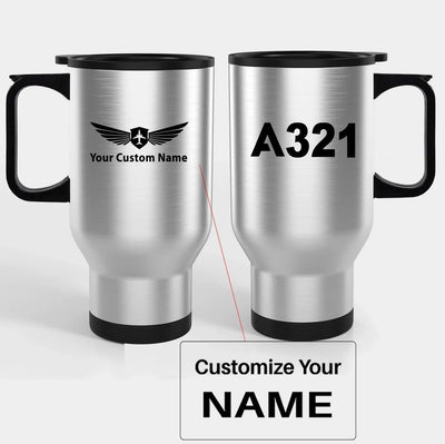 Airbus A321 Flat Text Travel Mugs (With Holder) aviation design on travel mug with holder, insulated double-wall with car-cup.