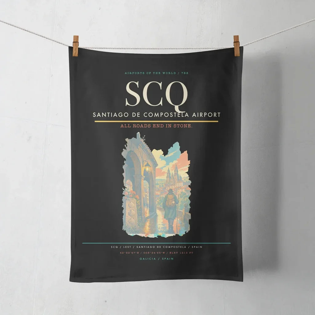 Santiago de Compostela Airport (SCQ) design on black towel