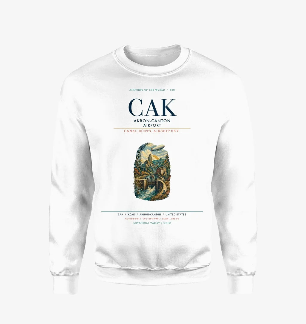 Akron-Canton Airport (CAK) design on white sweatshirt