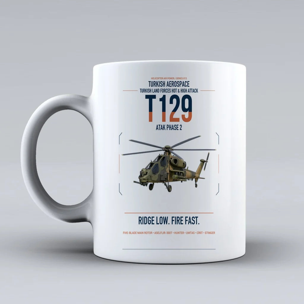 Turkish Aerospace T129 ATAK Phase 2 design on white ceramic mug, double-side print