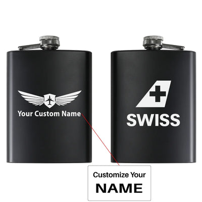 Swiss International Airlines aviation design on stainless hip flask, compact pocket-size flask.