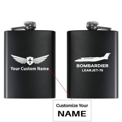 The Bombardier Learjet 75 aviation design on stainless hip flask, compact pocket-size flask.