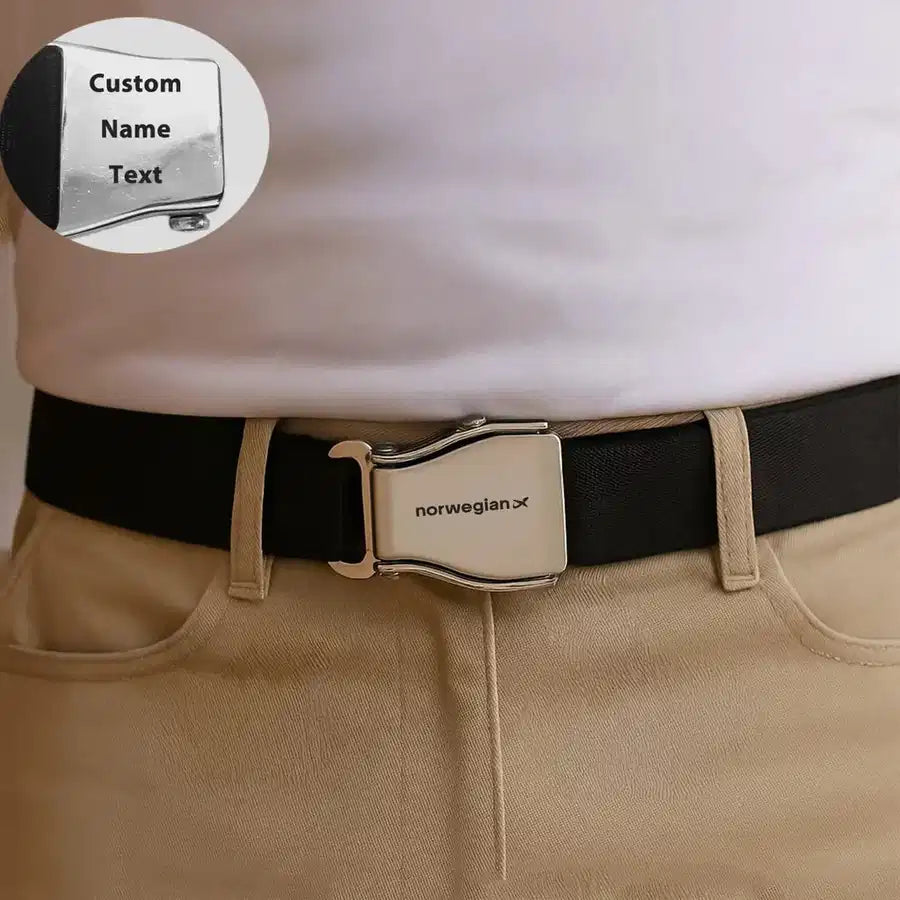 Norwegian Airlines aviation seat-belt buckle accessory, real seat-belt webbing.