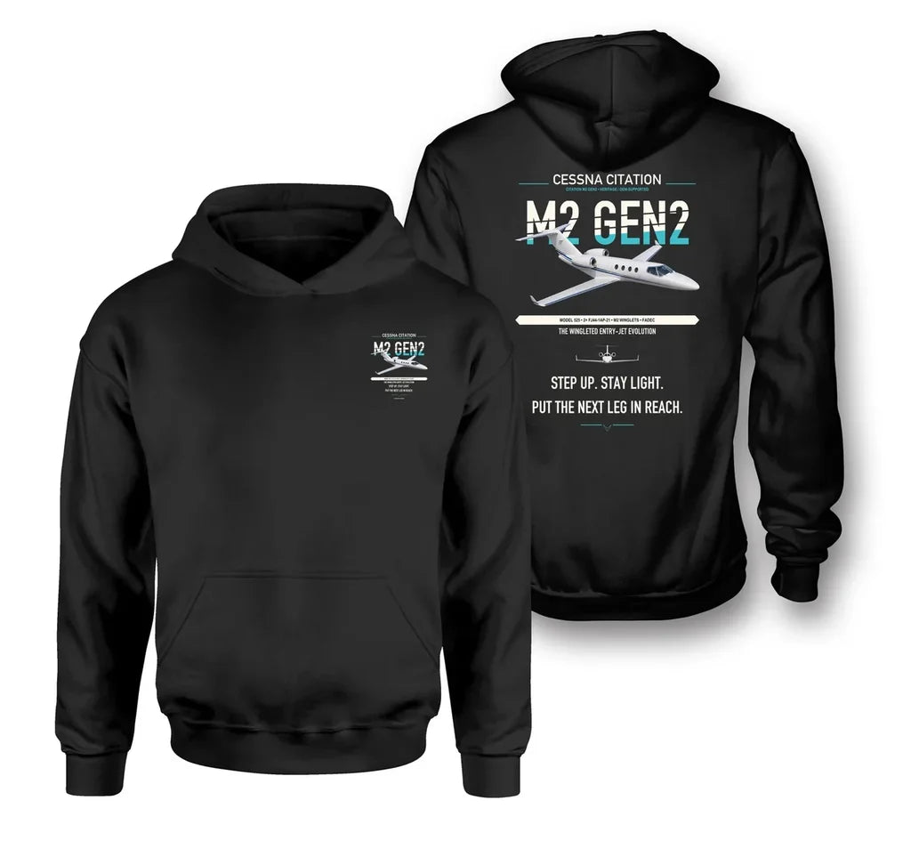 Cessna Citation M2 Gen2 design on black double-side hoodie, double-side print