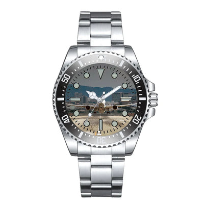 Departing Boeing 787 Dreamliner Luxury Aviators aviation-themed aviator watch, polished premium stainless steel.