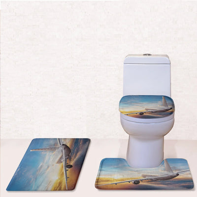 Airliner Jet Cruising over Clouds Toilet Seat Cover Three-piece aviation print on soft fabric toilet seat cover set.