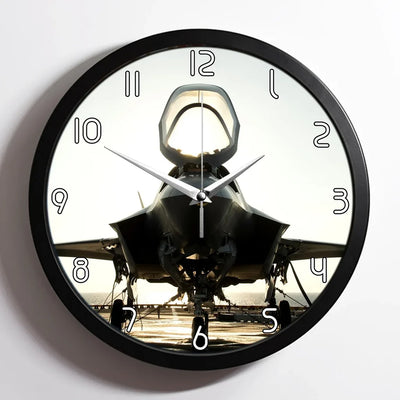 Fighter Jet 35 aviation design on premium wood and metal wall clock.