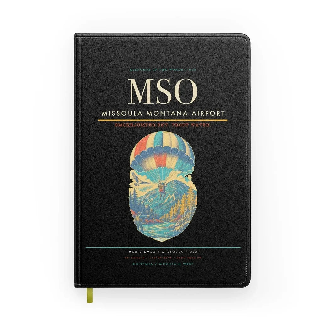 Missoula Montana Airport (MSO) design on black notebook