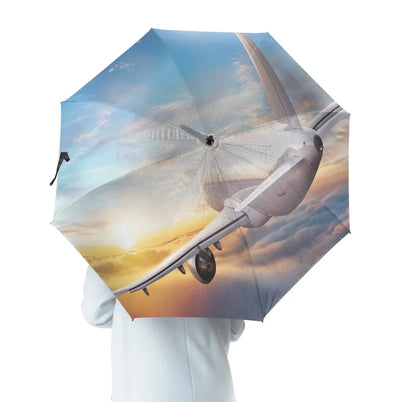 Airliner Jet Cruising over Clouds aviation design on windproof polyester umbrella.