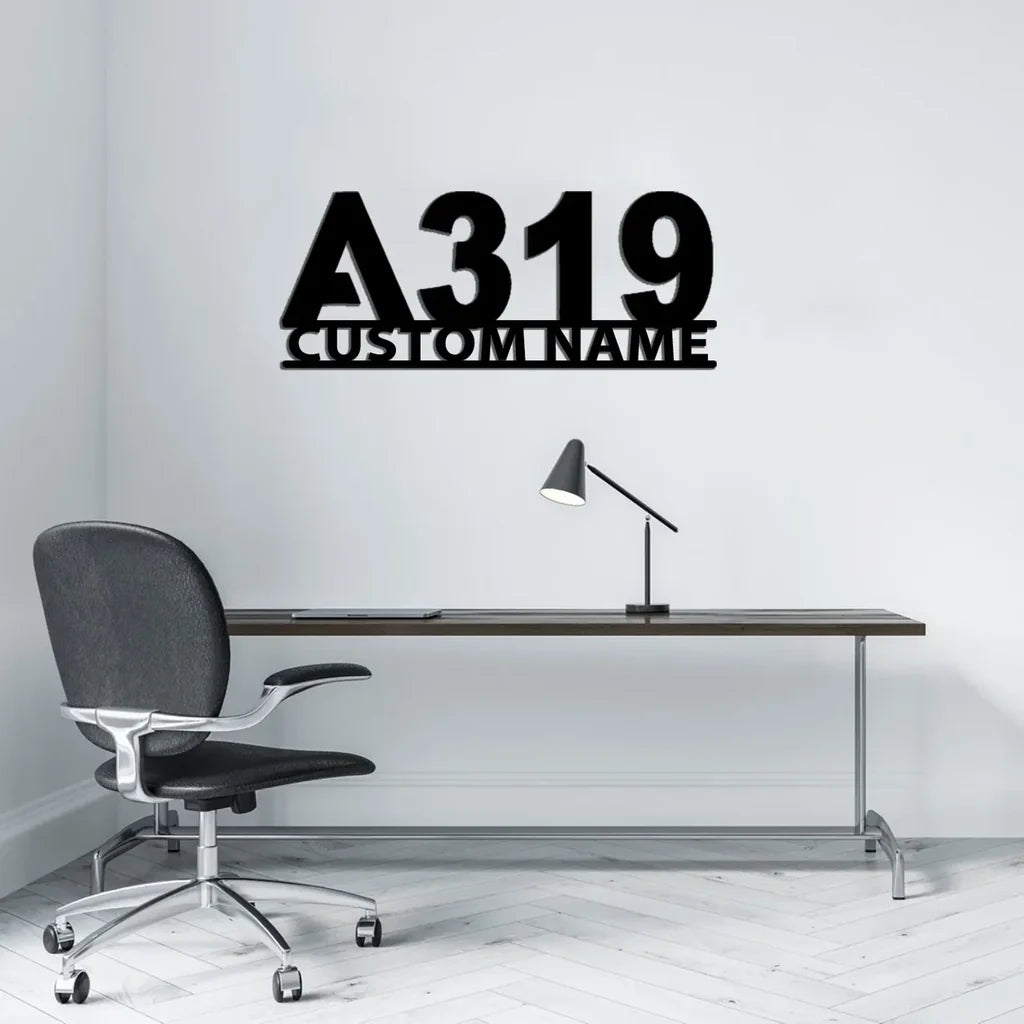 Airbus A319 Flat Text aviation design on durable metal with painted finish metal wall sign.