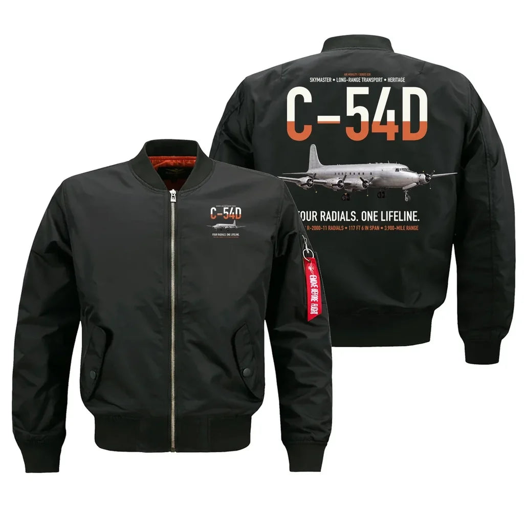 C-54D Skymaster design on black bomber jacket, double-side print