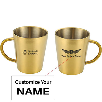 Saudi Arabian Airlines aviation design on stainless coffee mug, durable stainless steel construction.