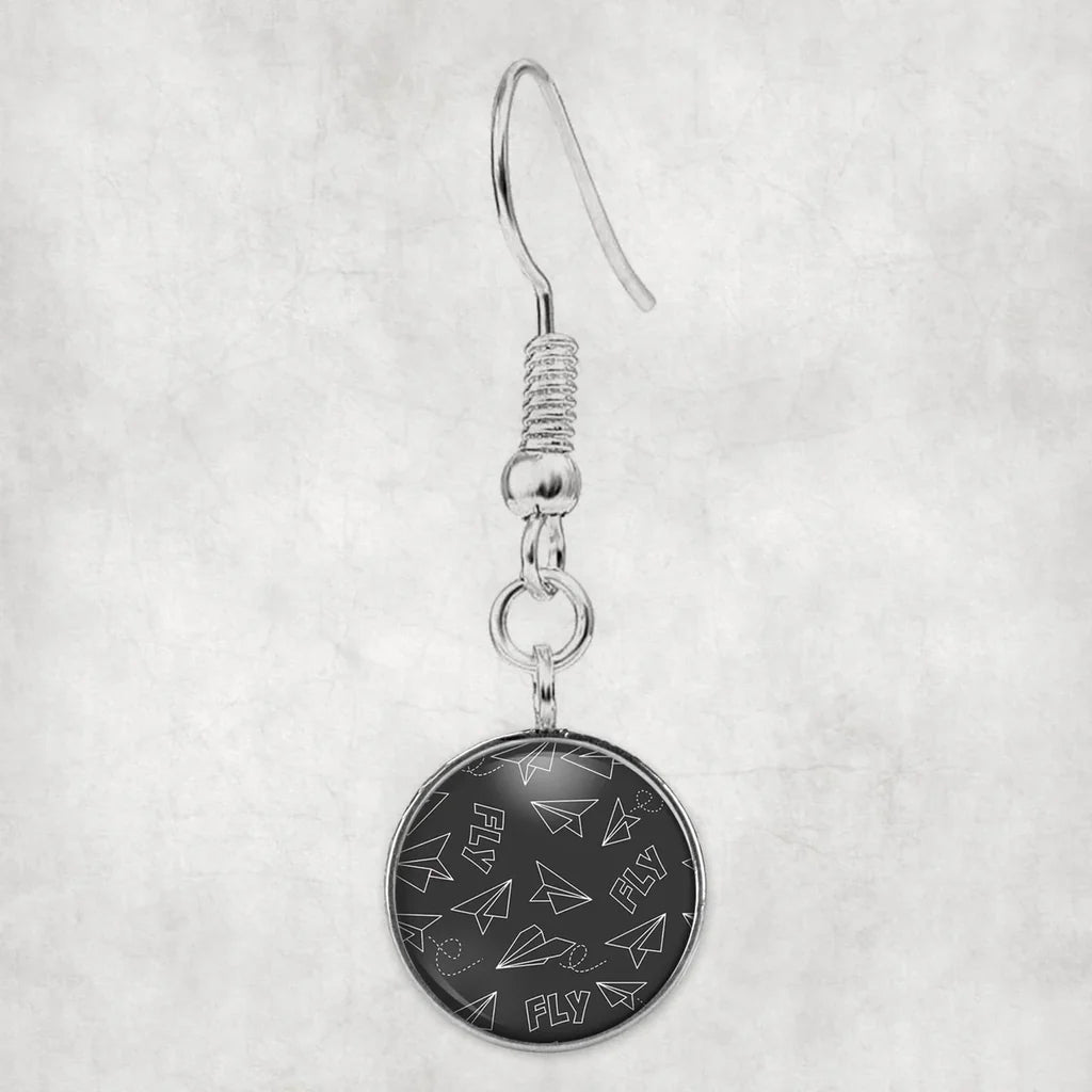 Paper Airplane & Fly (Gray) aviation-themed earrings, polished hypoallergenic alloy.