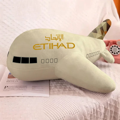Etihad Airlines aviation design on soft polyester filling airplane-shape decorative pillow.