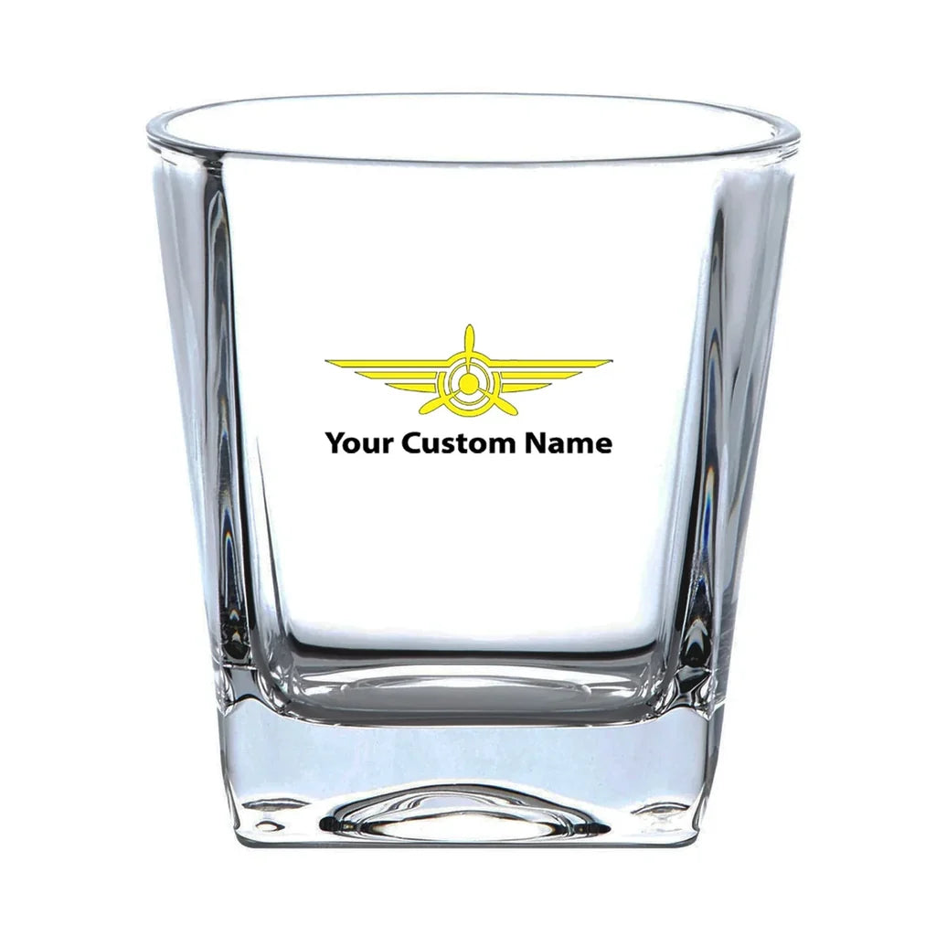 Custom Name "Badge 3" aviation design on whiskey glass, crystal-clear premium glassware.