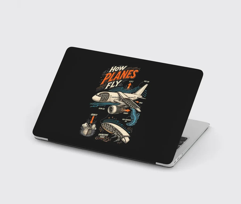 How Planes Fly V2 design on black MacBook case
