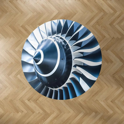 Blue Toned Super Jet Engine Blades Closeup Carpet & Floor Mats (Round) aviation design on durable carpet pile with non-slip b.