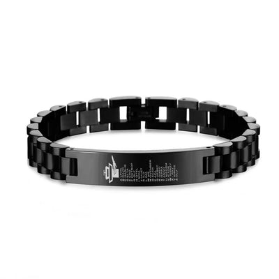 Aviation Alphabet aviation chain bracelet, stainless steel body with engraved detail.