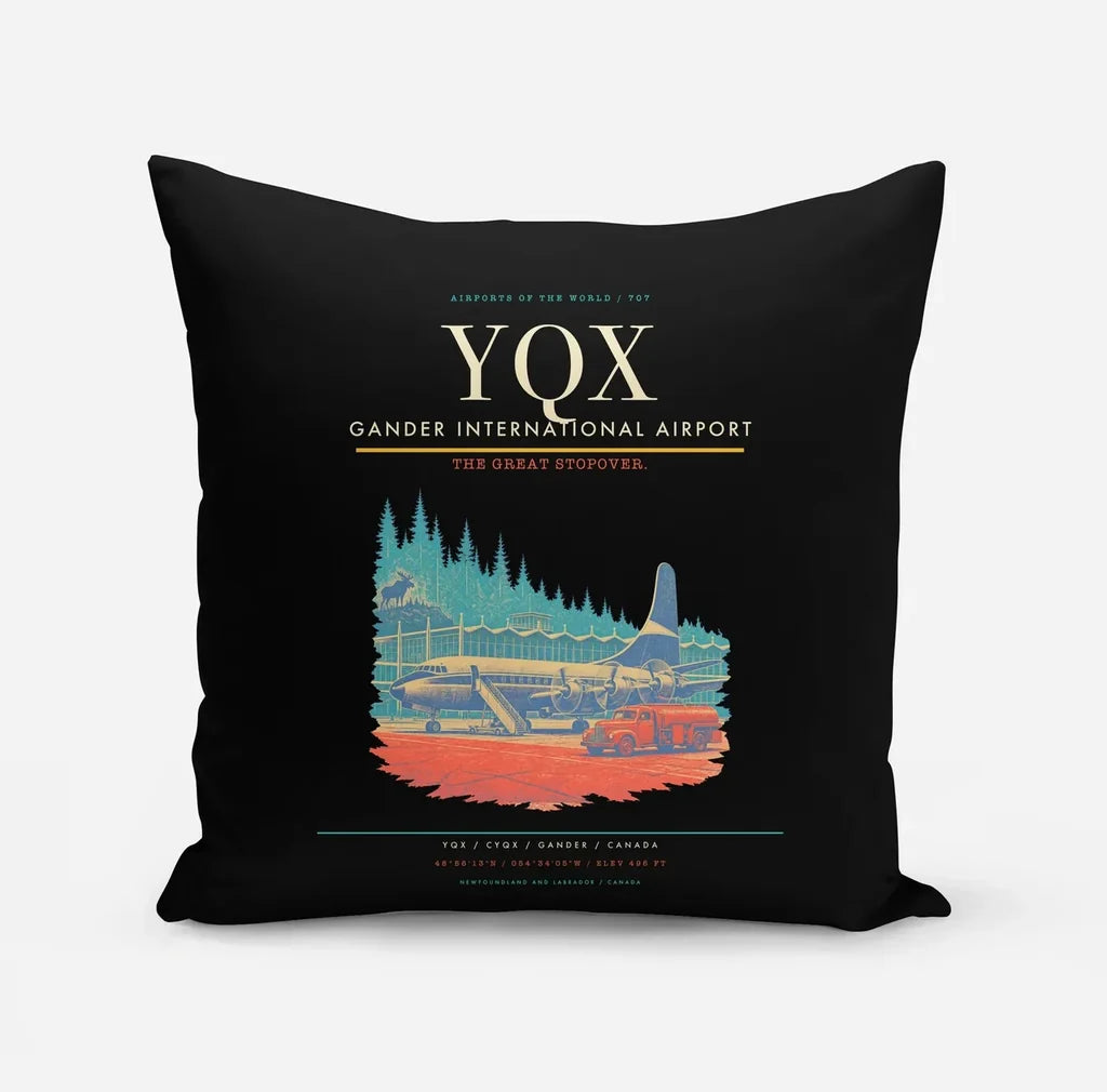 Gander International Airport (YQX) design on black pillow