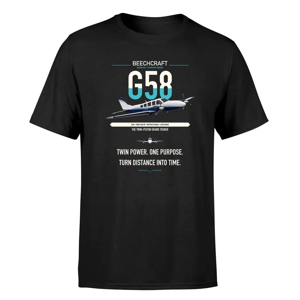 Beechcraft Baron G58 design on black t-shirt, single-side print