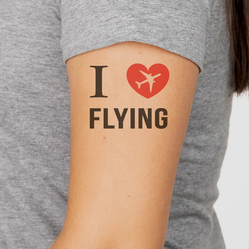 I Love Flying aviation temporary tattoo in skin-safe adhesive paper.