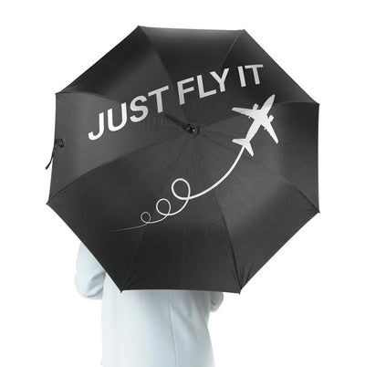 Just Fly It aviation design on windproof polyester umbrella.