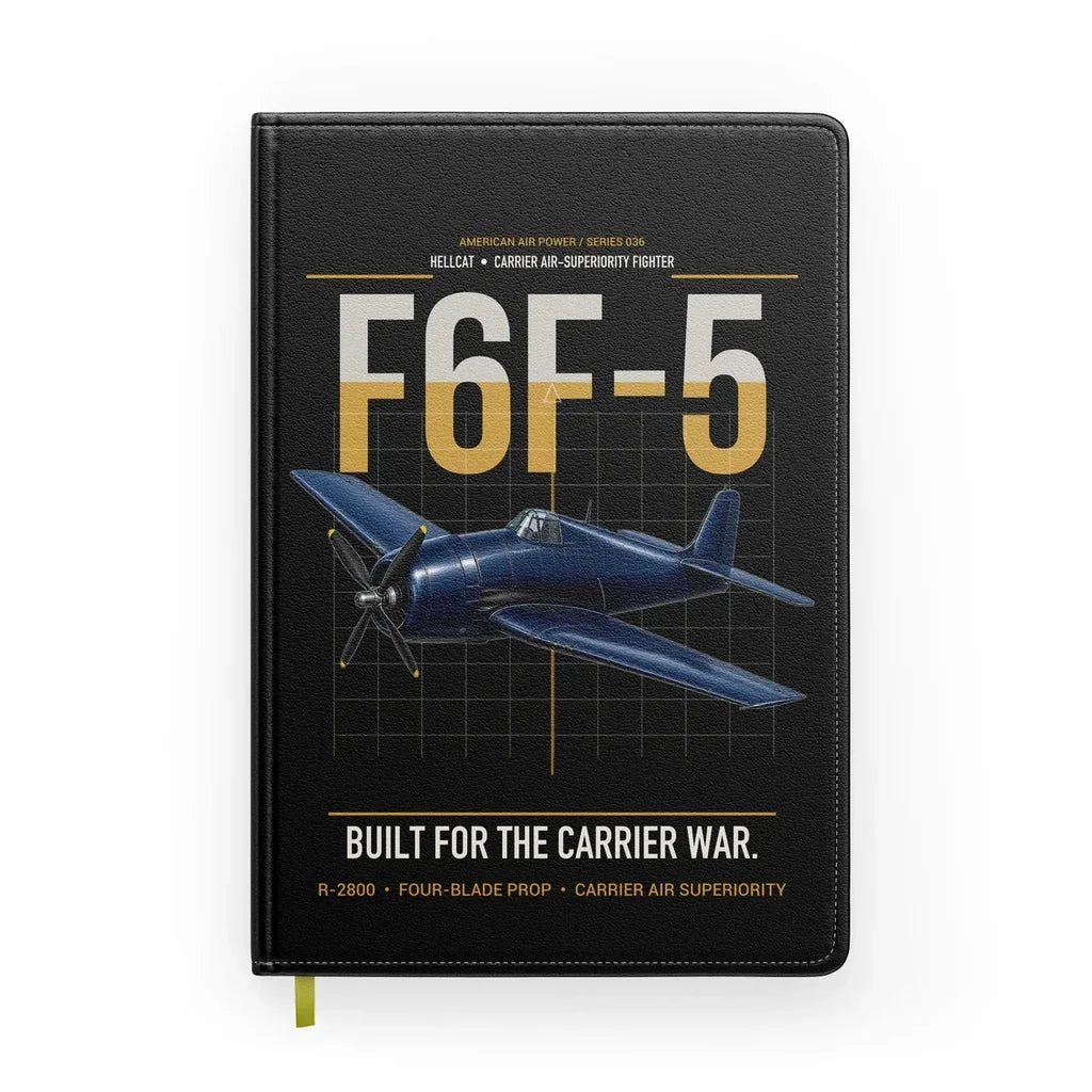 F6F-5 Hellcat design on black notebook