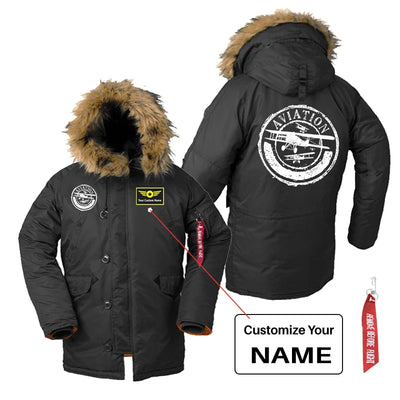 Aviation Lovers aviation design printed on heavyweight shell with hooded warmth parka bomber.