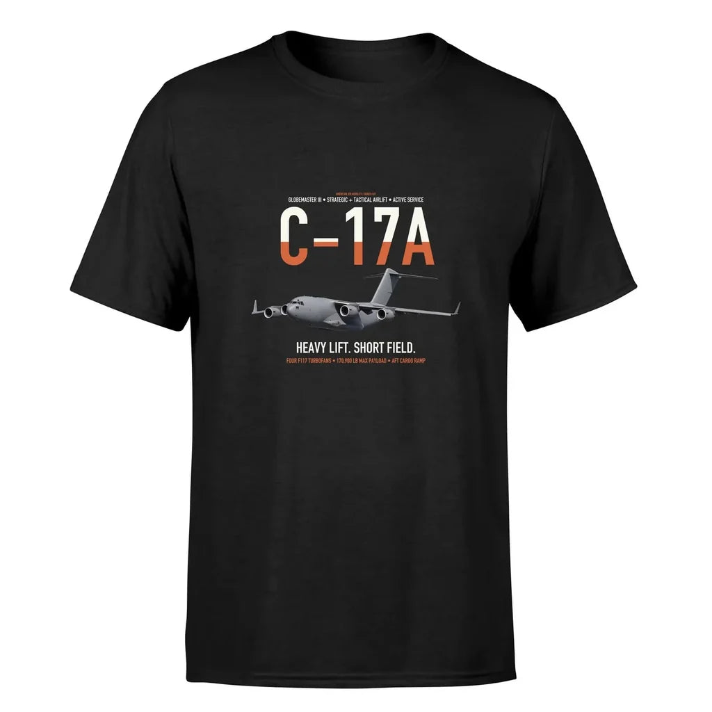 C-17A Globemaster III design on black double-side t-shirt, single-side print