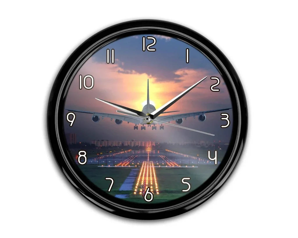 Super Boeing 747 Landing During Sunset aviation themed wall clock, premium wood and metal.