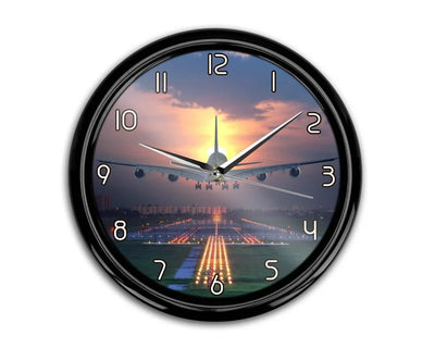 Super Boeing 747 Landing During Sunset aviation themed wall clock, premium wood and metal.